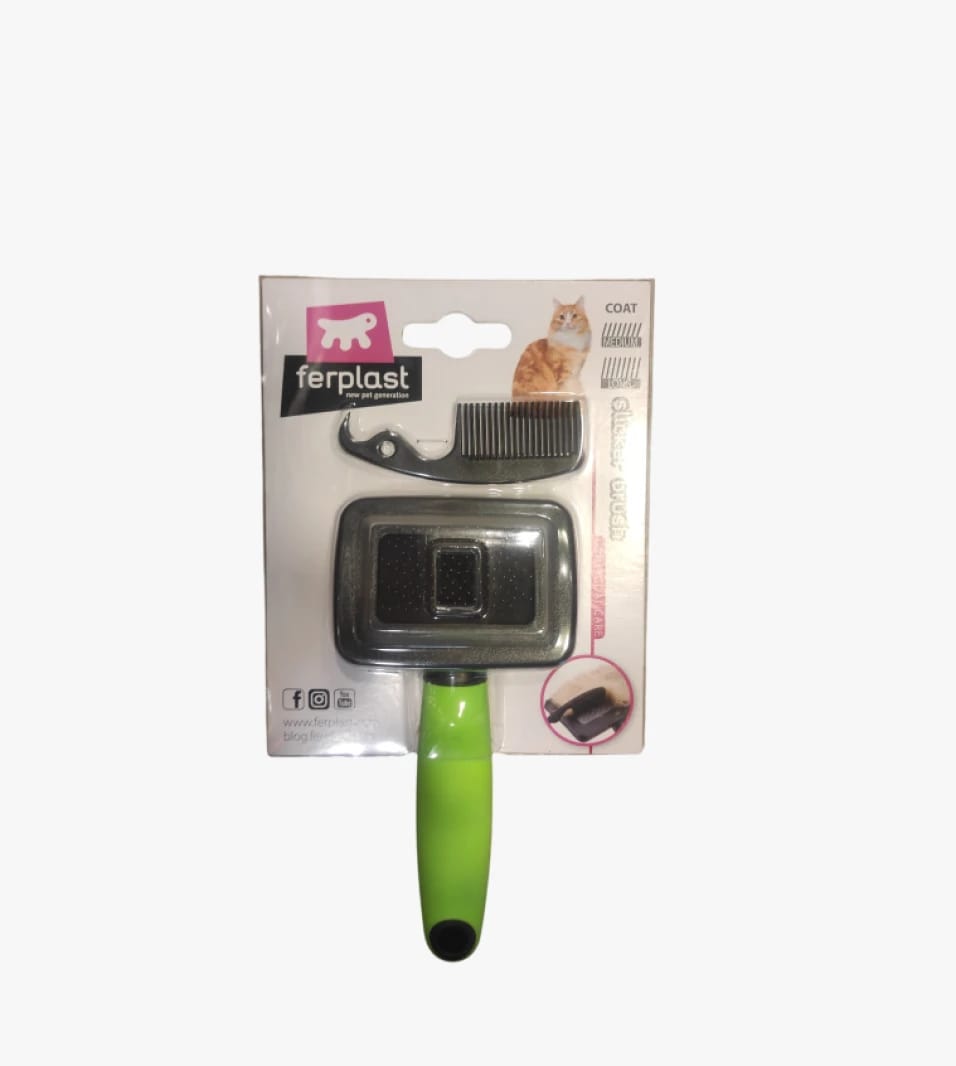 Ferplast Cat Fur Grooming Brush with Green Handle and Practical Design for Pet Lovers.