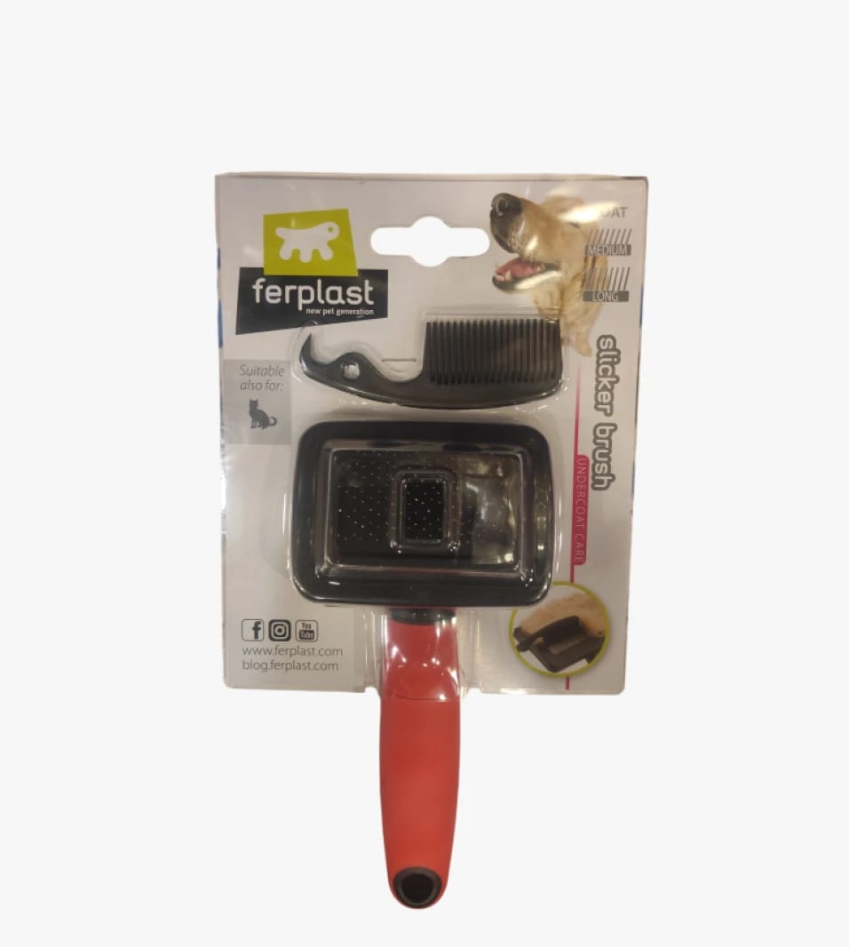 Ferplast Modern Pet Slicker Brush for Medium and Long Coated Breeds with Comfort Grip