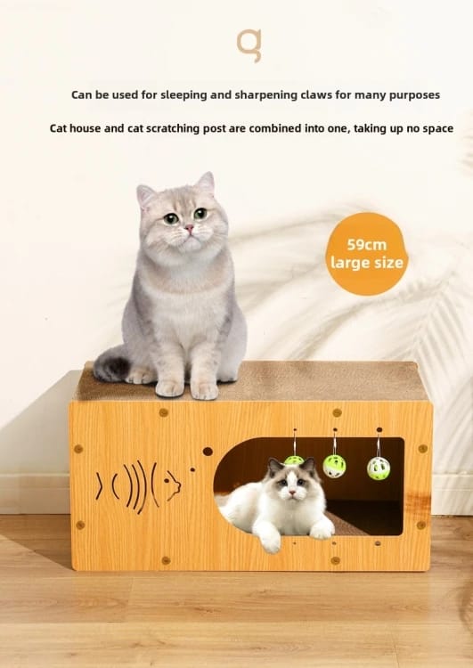 Wooden Cat House with Surrounding Scratchers