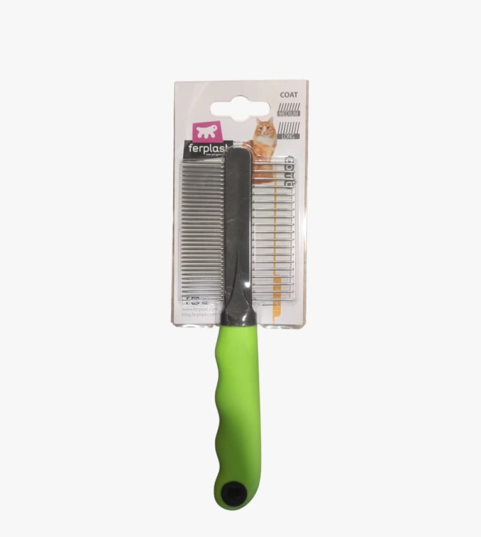 Ferplast Cat Comb, Chrome-Plated Steel Design with Green Handle for Long and Medium Coat Grooming