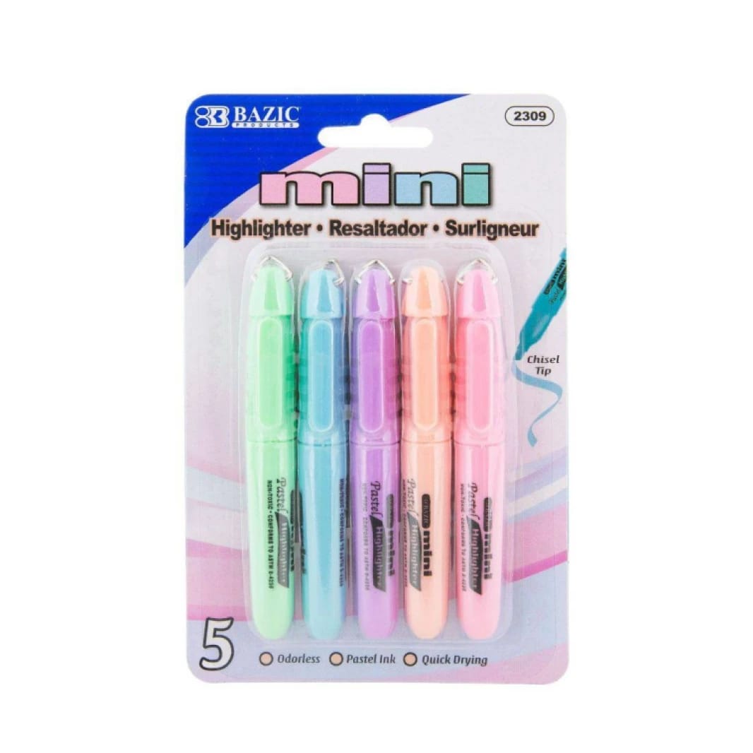 Bazic Mini Pastel Highlighter With Cap Clip, Pack of 5