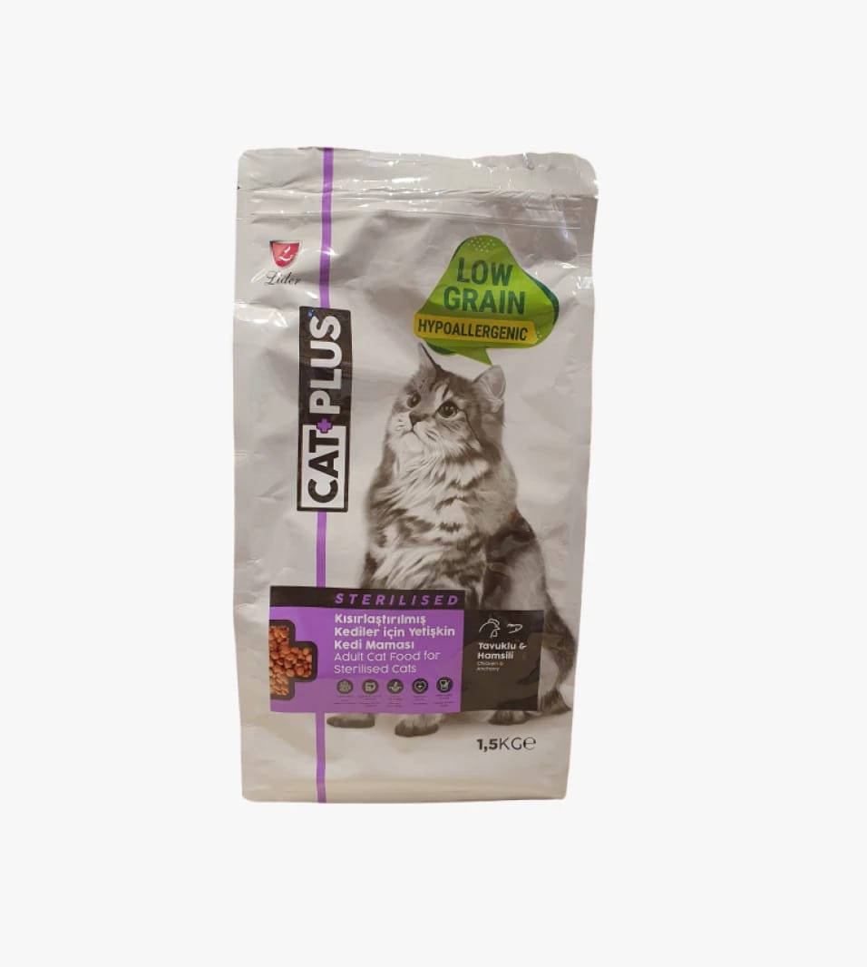Cat Plus Adult Cat Food Low Grain and Hypoallergenic Designed for Sterilized Cats with Chicken and Anchovy Flavor