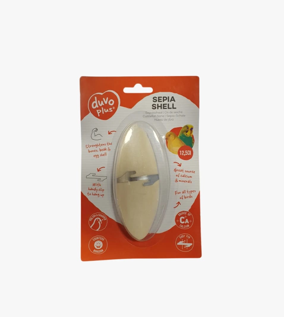 Duvo Plus Sepia Shell Bird Supplement with Handy Clip for All Birds, Enhances Beak and Bone Strength