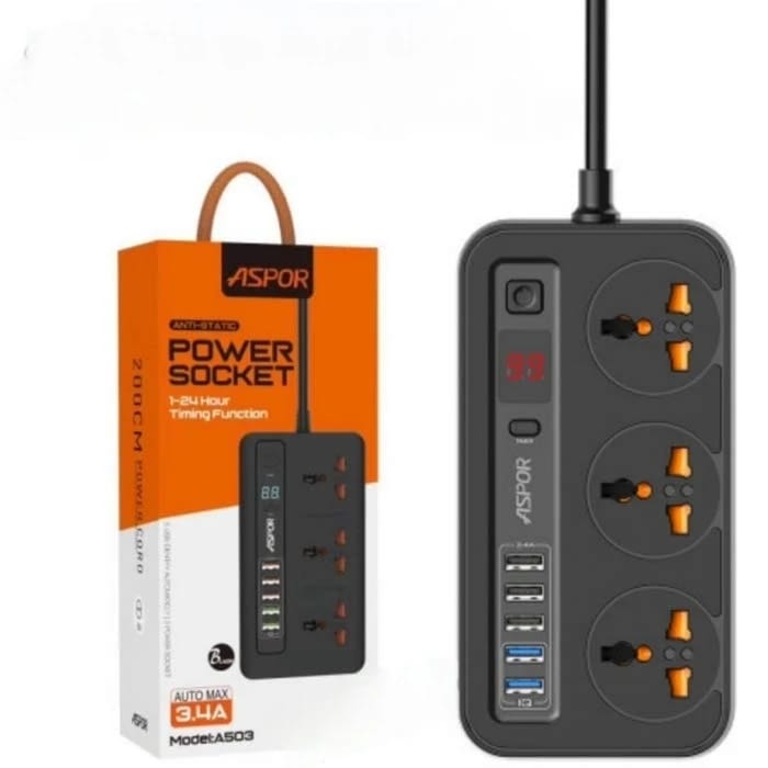 مقبس كهرباء ASPOR متعدد المنافذ مع منافذ USB وتصميم حديث للاستخدام المنزلي والمكتبي، مثالي للعائلات