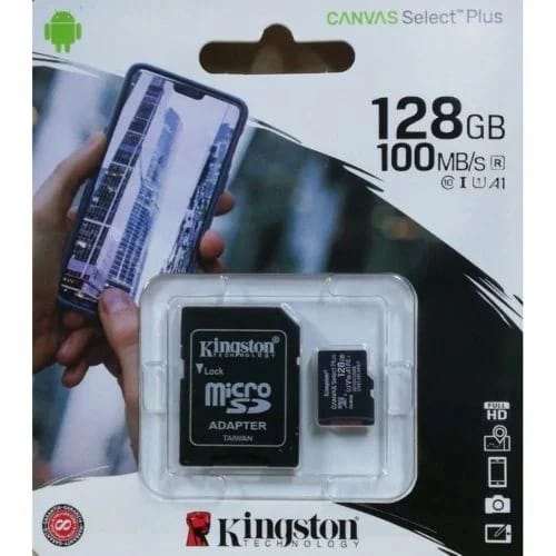 بطاقة ذاكرة Kingston Canvas Select Plus سعة 128 جيجابايت، سرعة 100 ميجابايت/ثانية، تناسب الهواتف الذكية والتابلت
