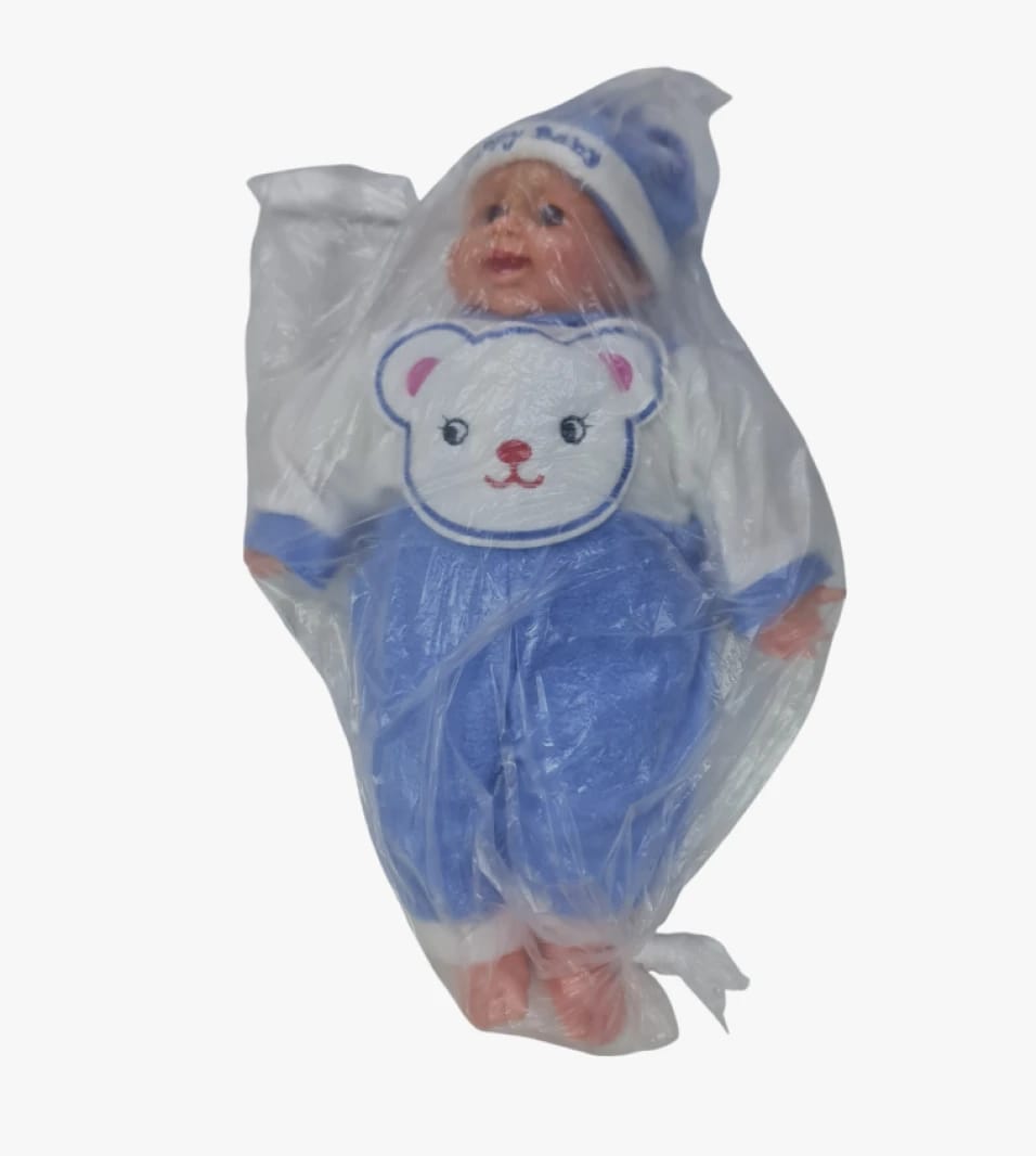 Cute Teddy Baby Doll with Blue Outfit and Cap for Kids, Unisex Design with Bear Print Toy Doll