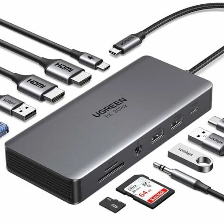 محول يوجرين 11 في 1 من USB-C إلى 2xUSB-C 3.2 + USB-A 3.2 + USB-A 3.0 + HDMI + VGA + RJ45 جيجابت + SD/TF + AUX 3.5mm + PD