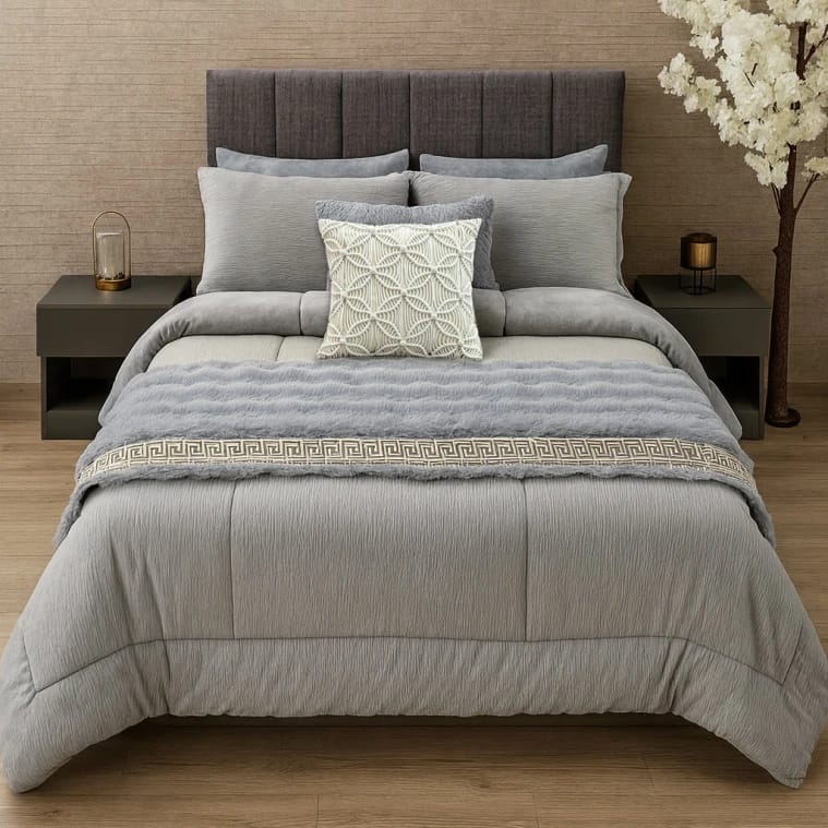 Wrinkle Fur King Size Comforter Set with Rabbit Throw - 9 Pieces