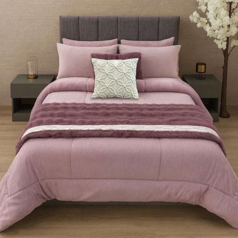 9-Piece Rinkle Fur Double Comforter Set with Rabbit Throw