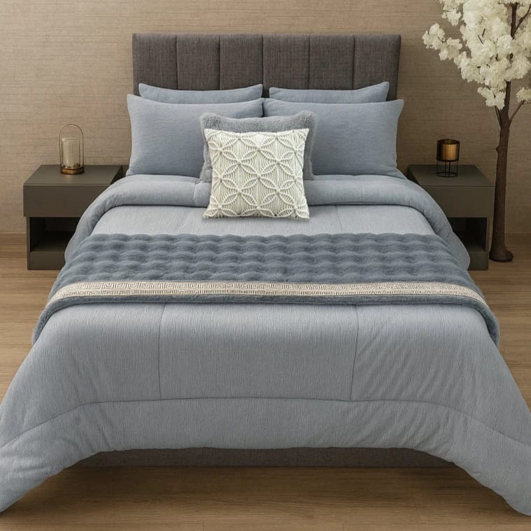 Wrinkle Faux Fur King Size Comforter Set with Rabbit Throw - 9 Pieces