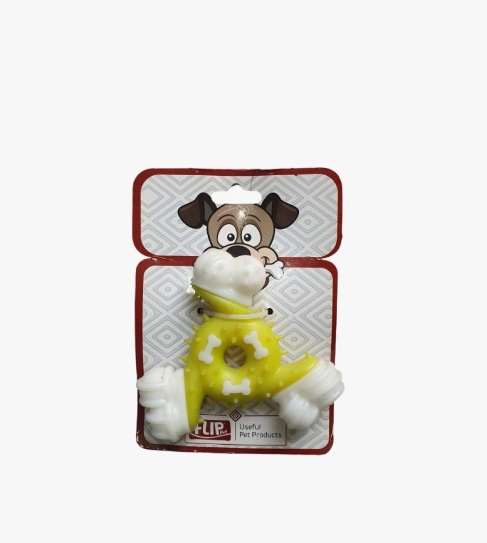 Flip Pet Dog Chew Toy, Yellow and White Bone Shape with Textured Design, Ideal for Dogs and Puppies