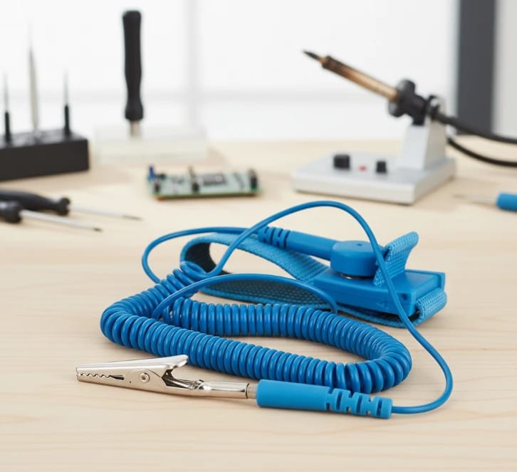 رباط معصم مقاوم للكهرباء الساكنة باللون الأزرق للاستخدام في ورش العمل التقنية والمحترفة