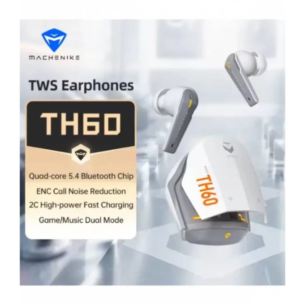 Machenike TH60 TWS Wireless Earphones – Bluetooth 5.4, 4-Mic ENC Noise Cancelling, Dual Sound Effects (Gaming/Music), Fast Charging, 7+ Hours Battery Life White