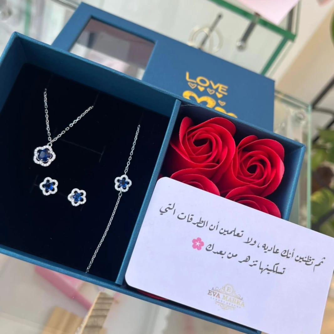 Indigo Rose Jewelry Set: Necklace + Earrings + Bracelet