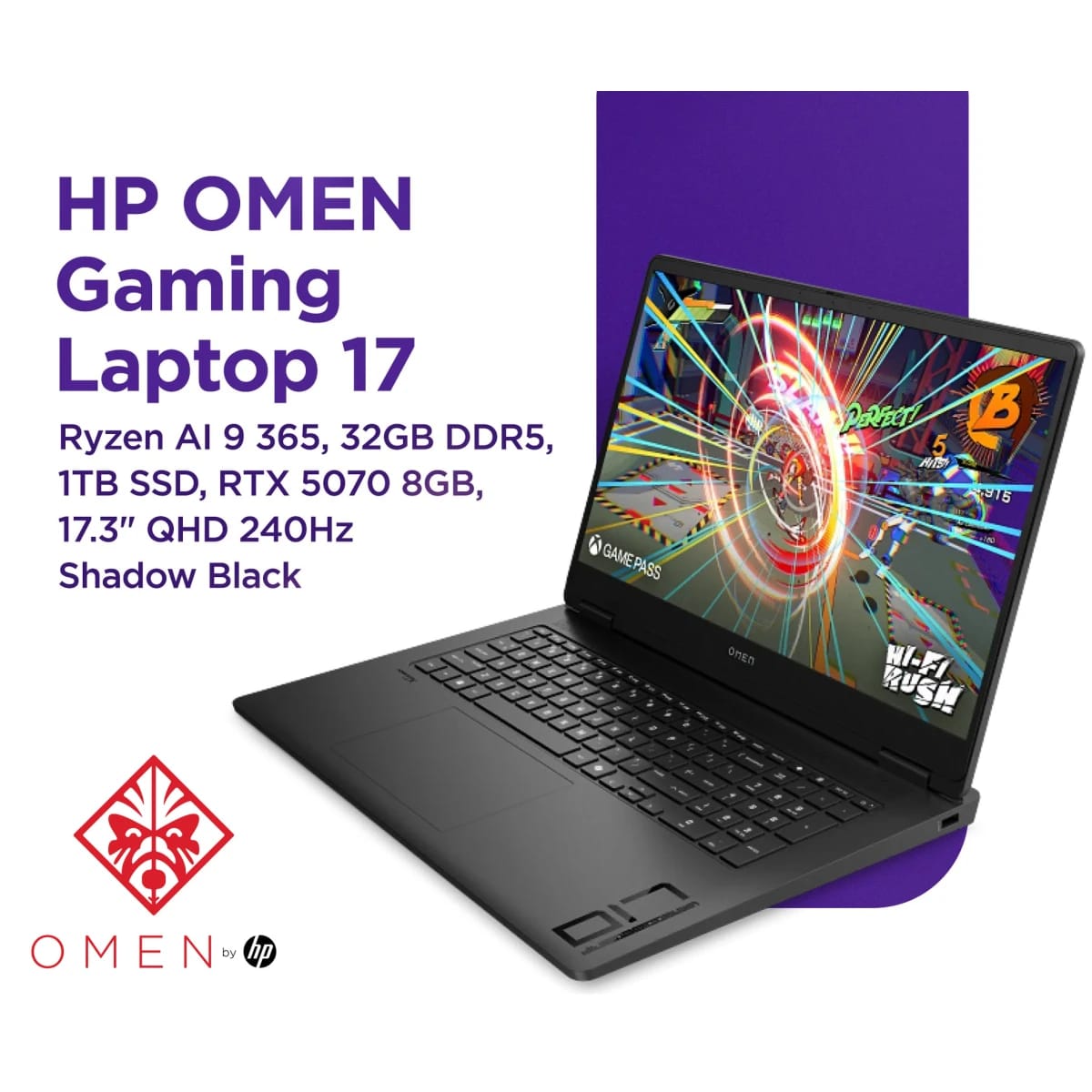 HP OMEN 17 (2025) 17-db1002ne Gaming Laptop - AMD Ryzen AI 9 365 10-Cores, AI-Powered, Nvidia RTX 5070 8GB, 17.3" 2.5K 240Hz IPS Display - Shadow Black