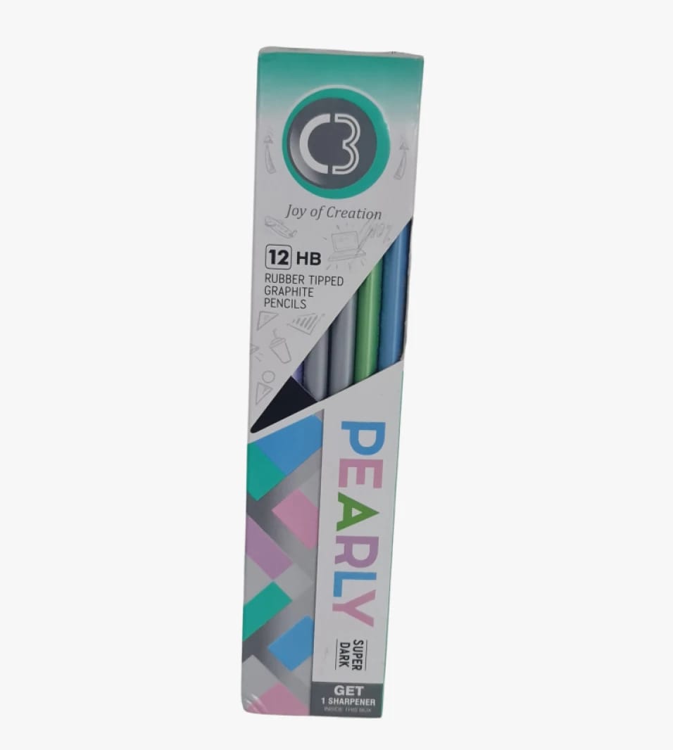 C3 Brand Pearly HB Graphite Pencils with Rubber Tip, Super Dark, Perfect for Students and Artists, 12 Pack.