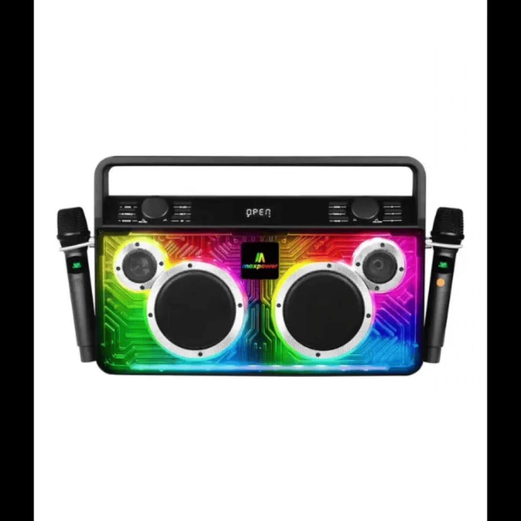 Omega Koval D2616 Active Portable Karaoke Speaker features dual 6″ drivers, Bluetooth, USB/TF/AUX/FM playback, wireless mic support, TWS stereo pairing, and a rechargeable battery