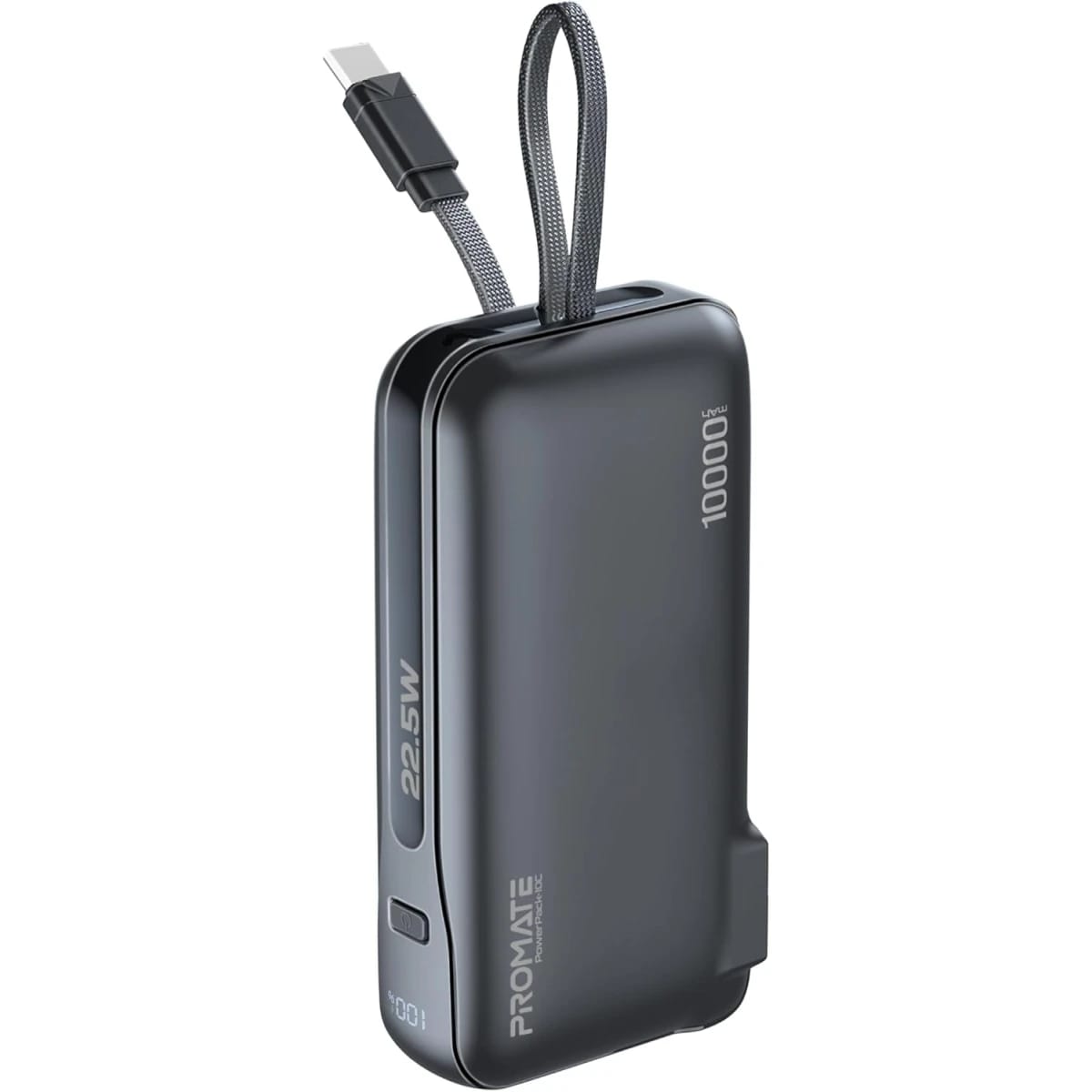Promate Dual-Mode AC/DC Charger and 10000mAh Power Bank with 20W USB-C Port, Built-In USB-C Cable, 22.5W USB-A Quick Charge, Digital Display, and Multi-Protection System - Black