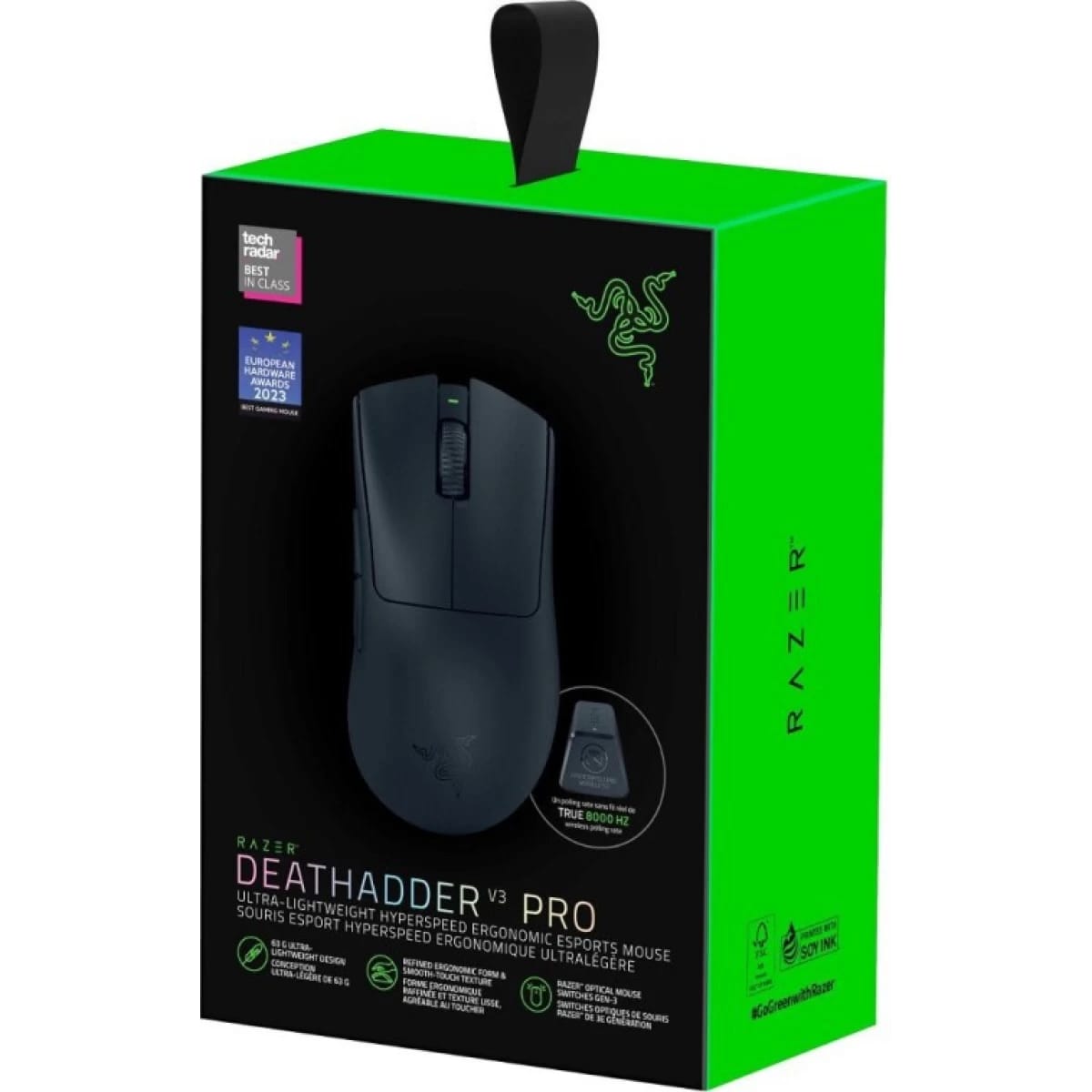 Razer DeathAdder V3 Pro Wireless Mouse + Hyperpolling Wireless Dongle 63g Ultra Lightweight Focus Pro 30K Optical Sensor Gen-3 5 Programmable Buttons - Black