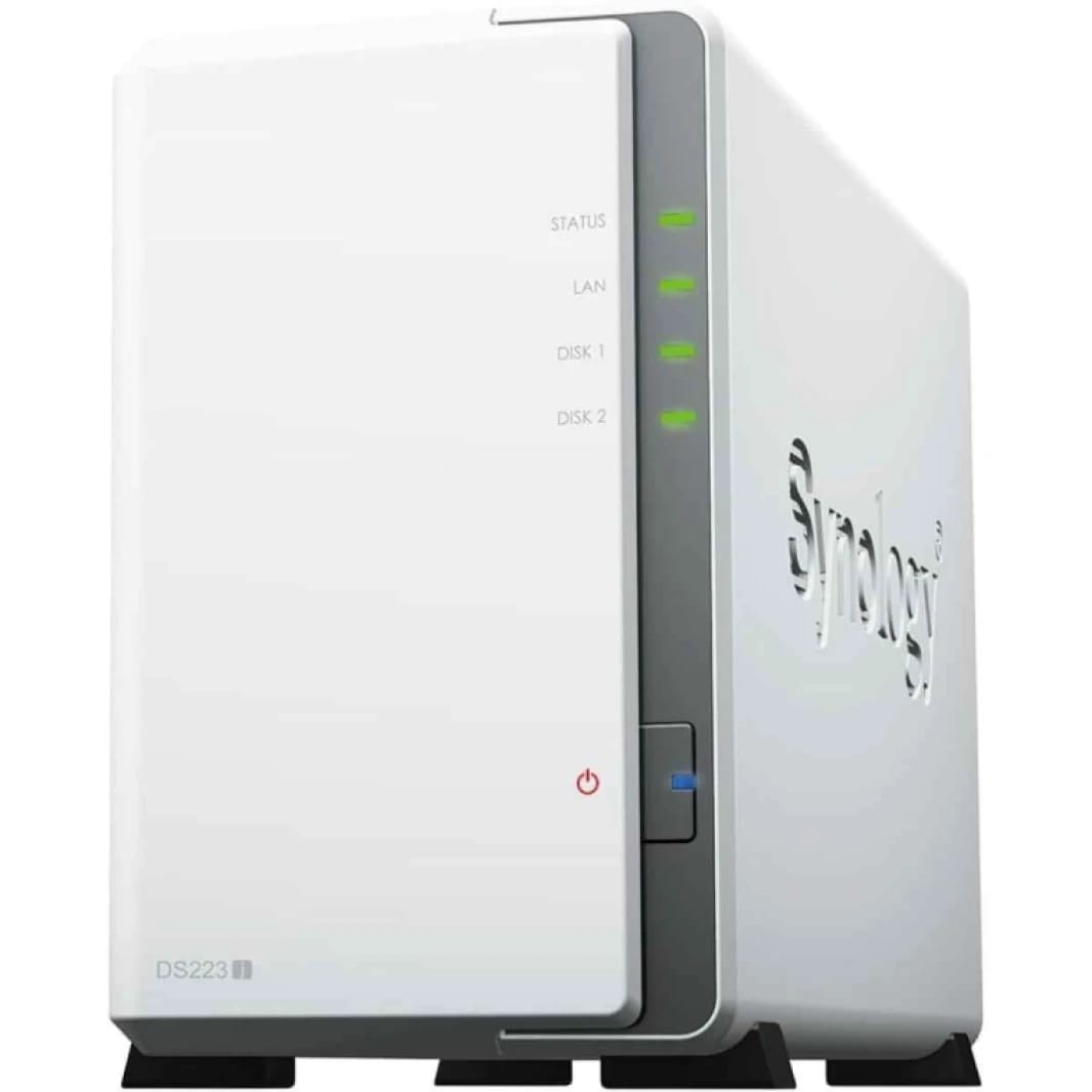 محطة أقراص Synology DS223j NAS بفتحتين للأقراص (بدون أقراص) مع معالج Realtek RTD1619B رباعي النواة وذاكرة وصول عشوائي 1 جيجابايت DDR4