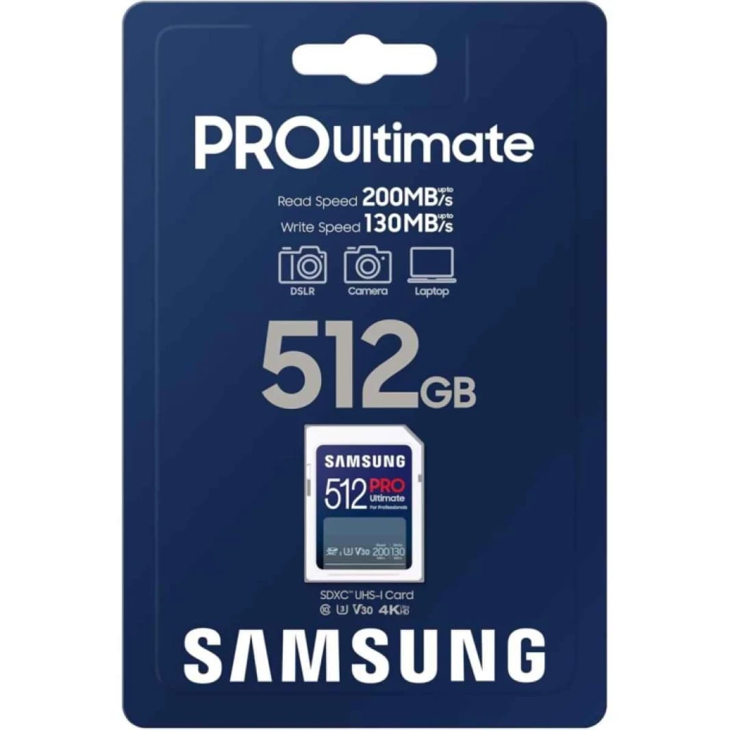 Samsung PRO Ultimate Full-Size 512GB SDXC Memory Card, Up To 200 MB/s, 4K UHD, UHS-I, C10, U3, V30, A2, For DSLR, Mirrorless Cameras, PCs