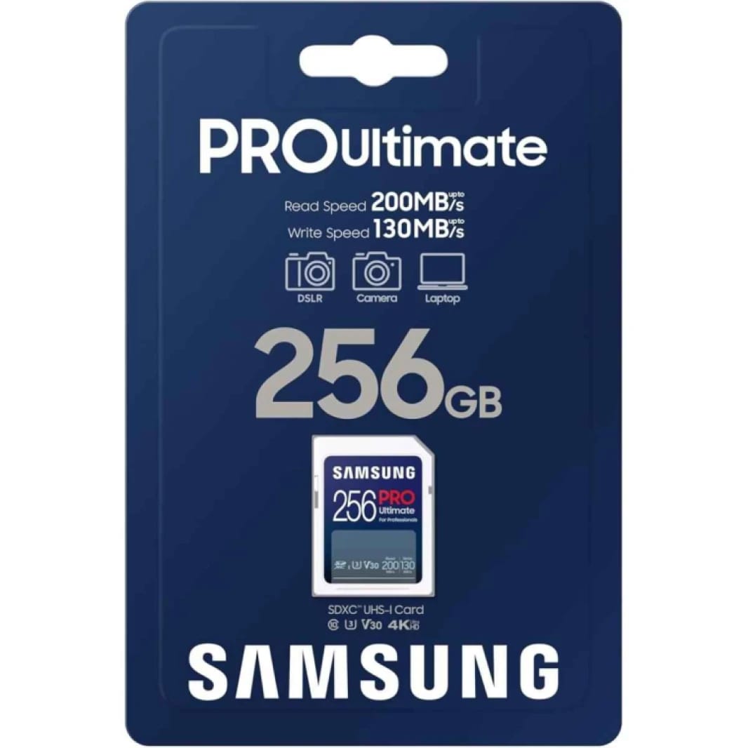 Samsung Pro Ultimate Full Size 256GB SDXC Memory Card, Up To 200 MB/s, 4K UHD, UHS-I, C10, U3, V30, A2, For DSLR, Mirrorless Cameras, PCs