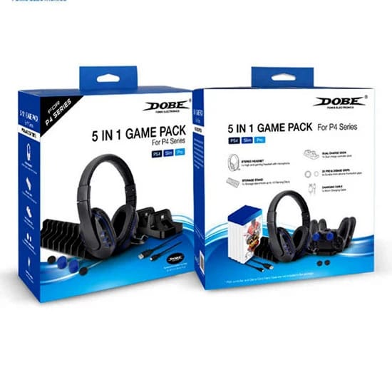 حزمة ألعاب 5 في 1 من DOBE لسلسلة أجهزة PS4 (سماعة رأس - حامل تخزين - قاعدة شحن مزدوجة - أغطية مقابض - كابل شحن)