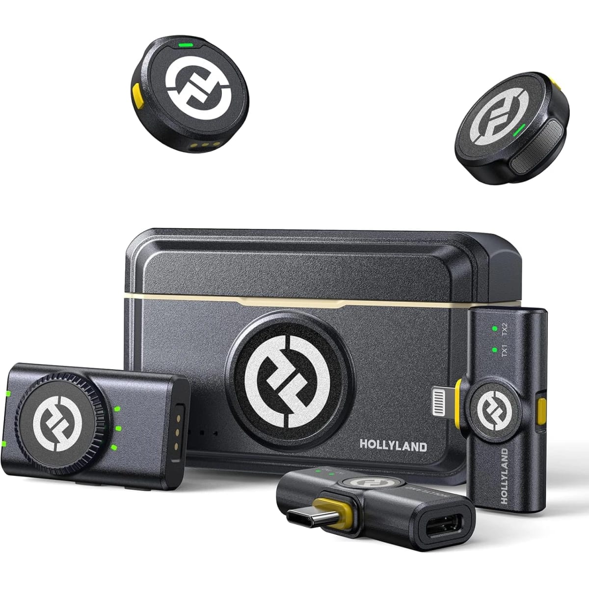 نظام ميكروفون لافالير لاسلكي Hollyland LARK M2 Combo متوافق مع Type-C و Lightning، مدى 1000 قدم، صوت عالي الدقة، إلغاء ضوضاء ذكي، مدة تشغيل 30 ساعة، ميكروفون طية صدر مصغر للبث المباشر والفلوج - أسود