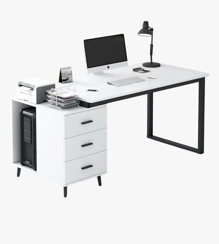 Wide White Wooden Desk with Bottom Drawers