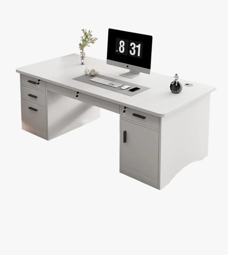 Wide White Wooden Desk with Side Drawers