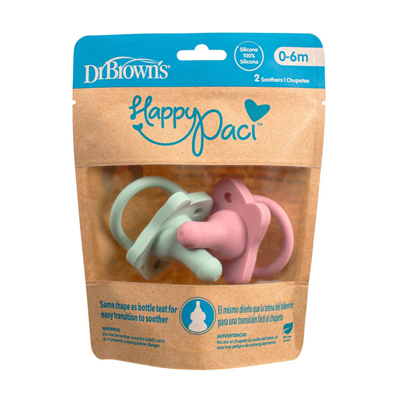 HappyPaci Silicone Soother (0-6m) - Pink and Green - 2 Pack