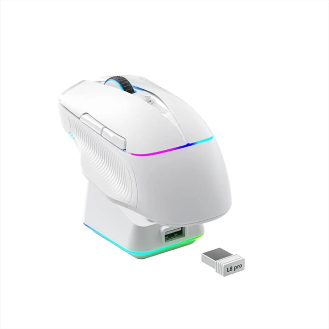 Machenike 8KHz Wireless Gaming Mouse with RGB Charging Dock, 26,000 DPI, PAW3395 Sensor, RGB Backlit, 6 Programmable Buttons, Long Battery Life, Gaming Mice Compatible with PC, Mac - White