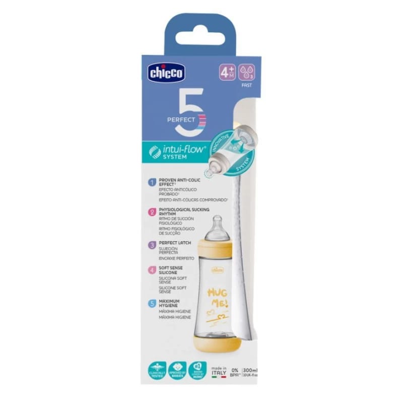 Chicco Perfect 5 Feeding Bottle, 300ml, Fast Flow Silicone