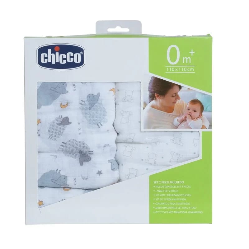 Chicco Baby Swaddles Set 2-Pack Muslin Cotton Bear & Grey Sheep 120x120cm