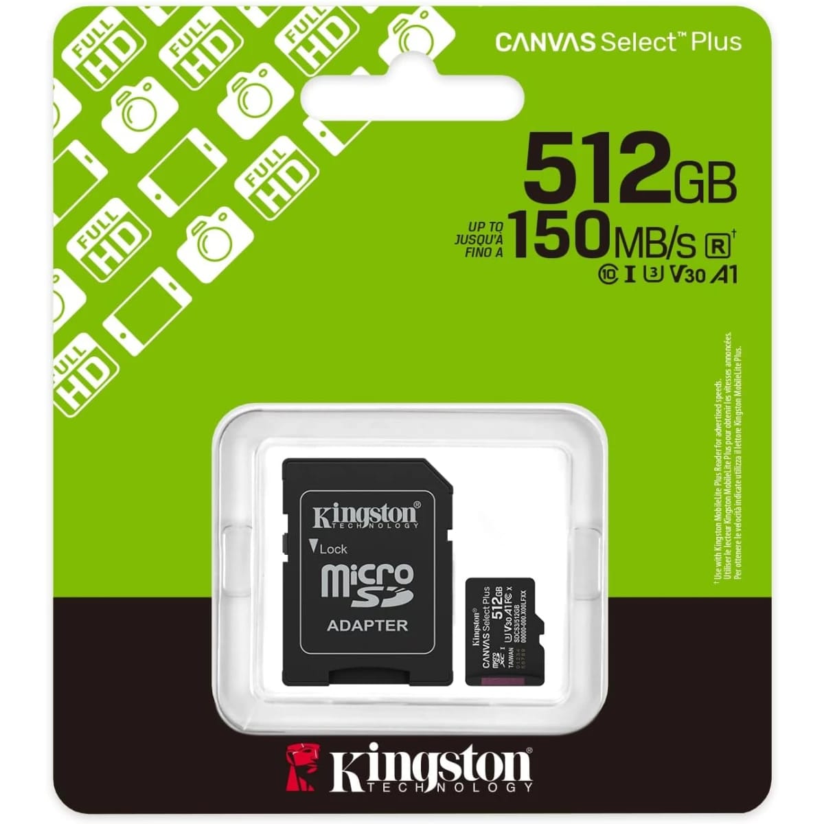 Kingston SDCS3/512GB Canvas Select Plus 512 GB microSDXC Card Up to 150MB/s A1 Class 10 UHS-I with Adapter