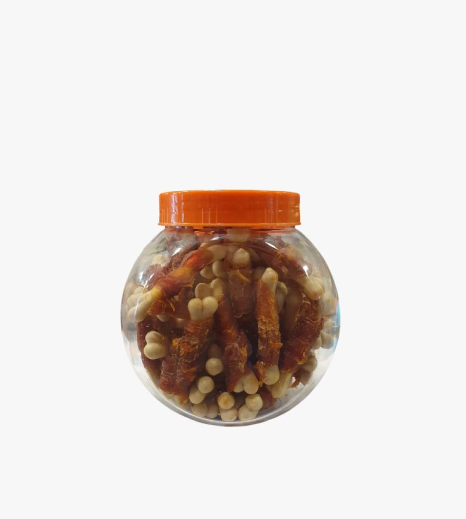 Duvo Plus Chicken Cubes and Calcium Bones Round Jar for Dogs, Perfect for Small and Large Dogs.