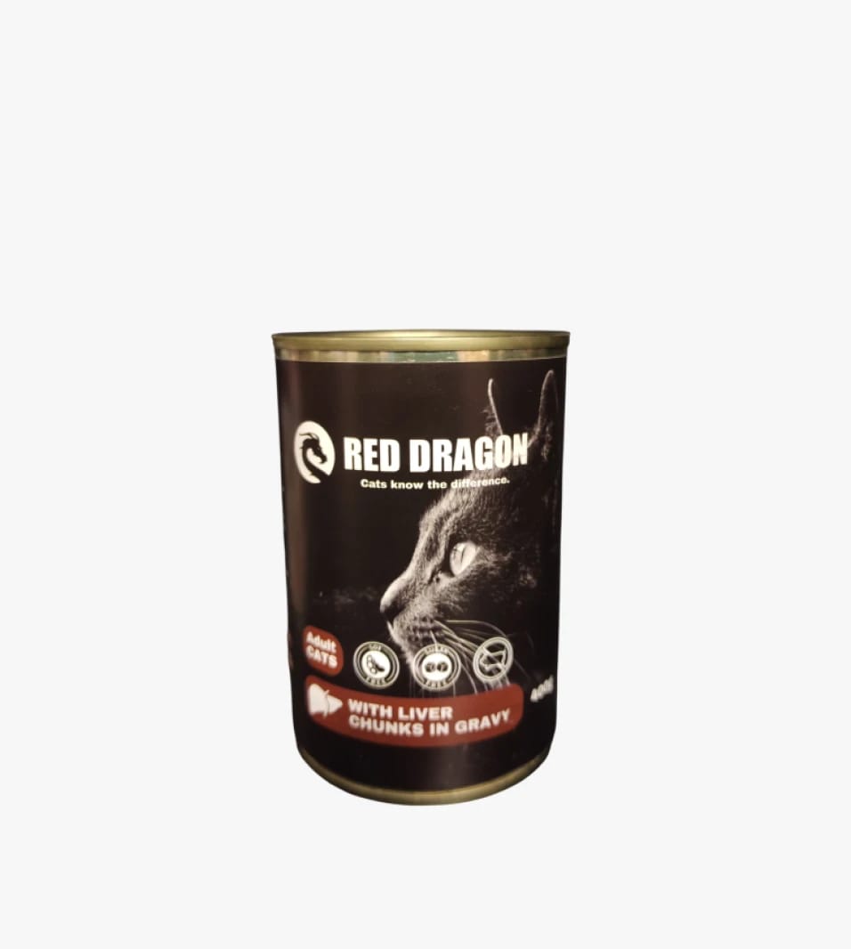 Red Dragon Cat Food Can, For Adult Cats, Liver Chunks in Gravy, Thoughtfully Designed