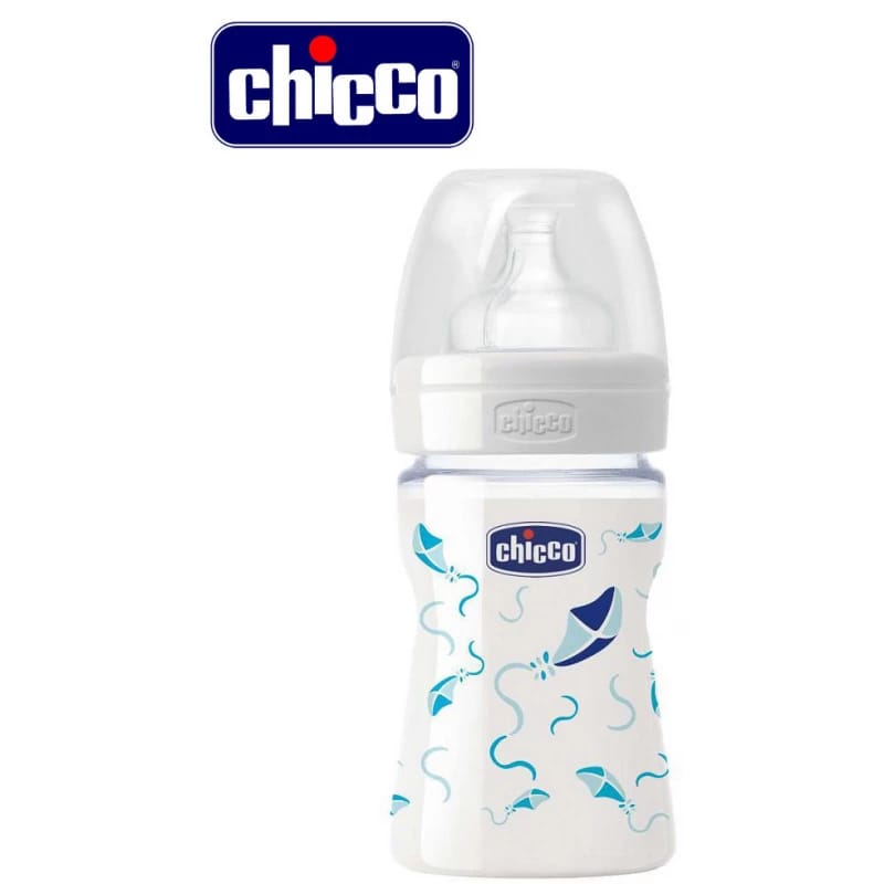 CHICCO - Glass Bottle 150ml with Regular Flow Nipple Blue 0m+