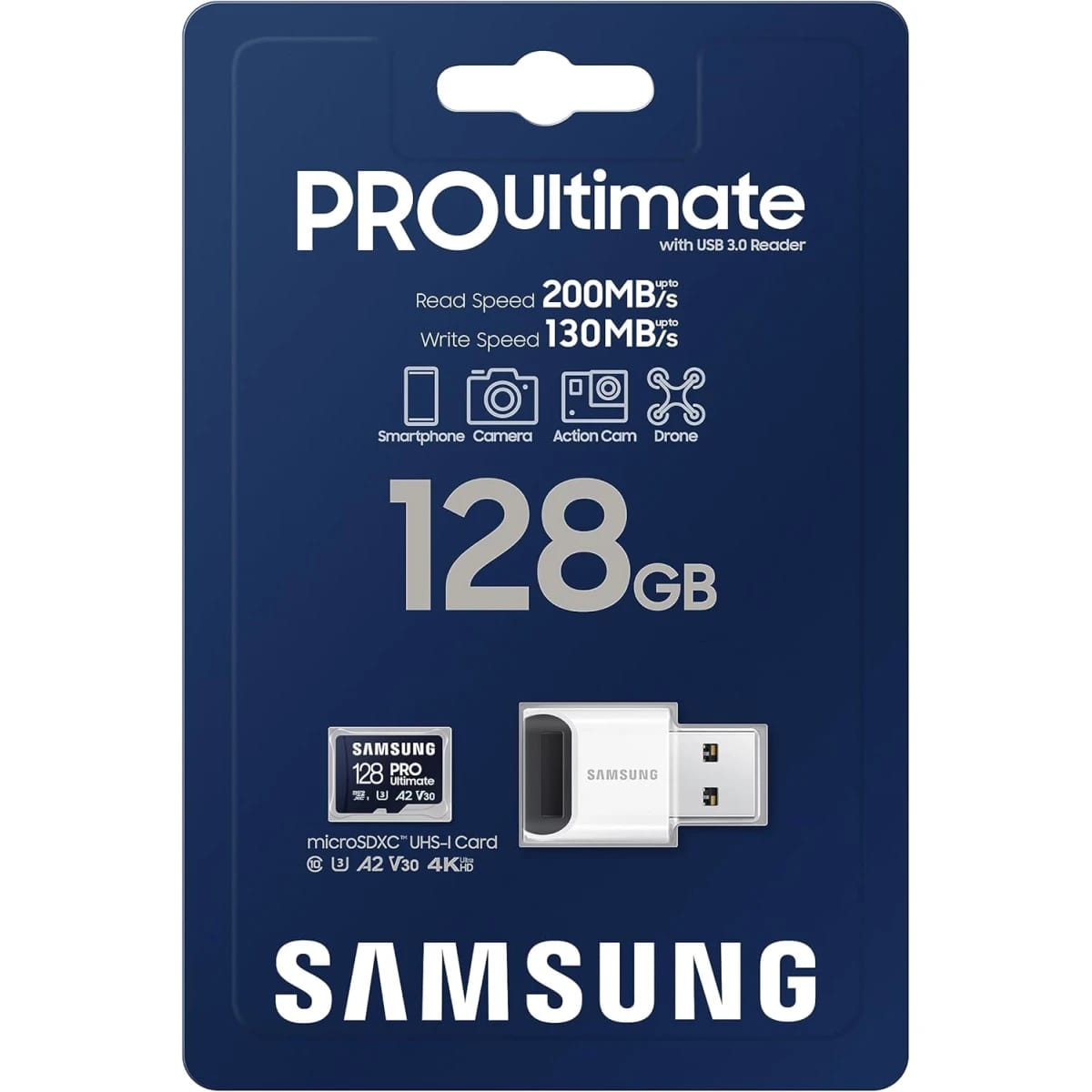 Samsung PRO Ultimate microSD Memory Card+Reader, 128GB, 200 MB/s, 4K UHD, UHS-I for Action Cams, Drones, Gaming, Devices