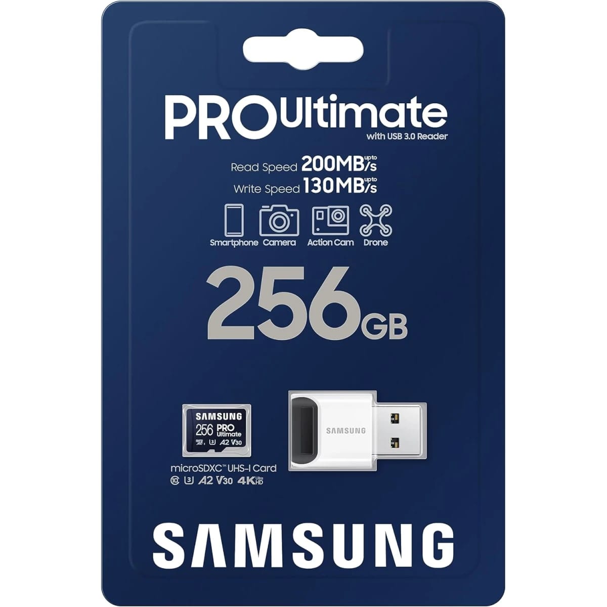 Samsung PRO Ultimate microSD Memory Card+Reader, 256GB microSDXC, 200 MB/s, 4K UHD, UHS-I, Class 10, U3,V30, A2 for GoPRO, DJI Drone, Gaming, Phones, Tablets