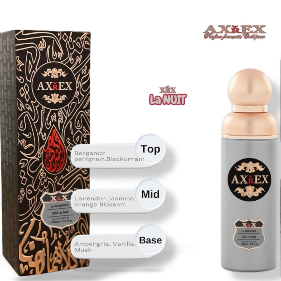 AxeREX La Nuit Romance Perfume, the Enchanting Fragrance Spray for Men and Women with a Unique Captivating Touch and Elegant Packaging.