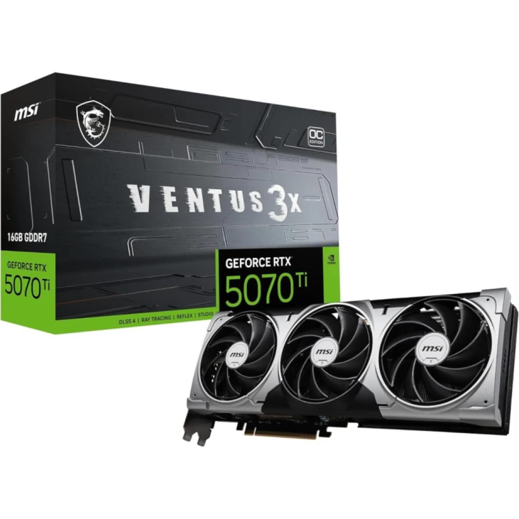 كارت شاشة MSI GeForce RTX 5070 Ti 16G Ventus 3X OC - وحدة معالجة RTX 5070 Ti، ذاكرة 16GB GDDR7، PCIe 5.0 - تصميم ثلاثي المراوح