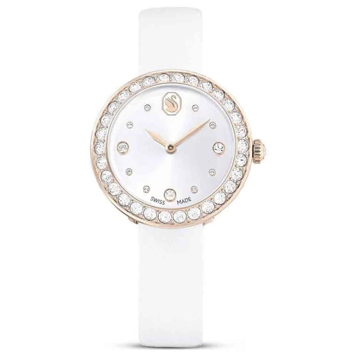 Swarovski Matrix Tennis Watch Swiss Made, Leather Strap, White, Champagne Gold-Tone Finish
