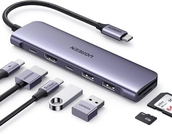محور UGREEN USB C متعدد في 1، محور USB-C بسرعة 5 جيجابايت في الثانية مع HDMI 4K وتوصيل طاقة 100 واط