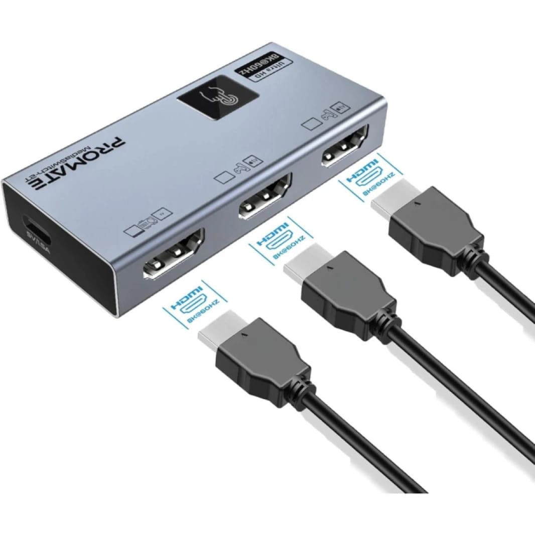 Promate Mediaswitch 2T HDMI Switch Adapter, Premium UHD HDMI Switch with 8K@60Hz, 4K@120Hz Display, 3 HDMI Ports, Touch Control and Ultra-Compact Design