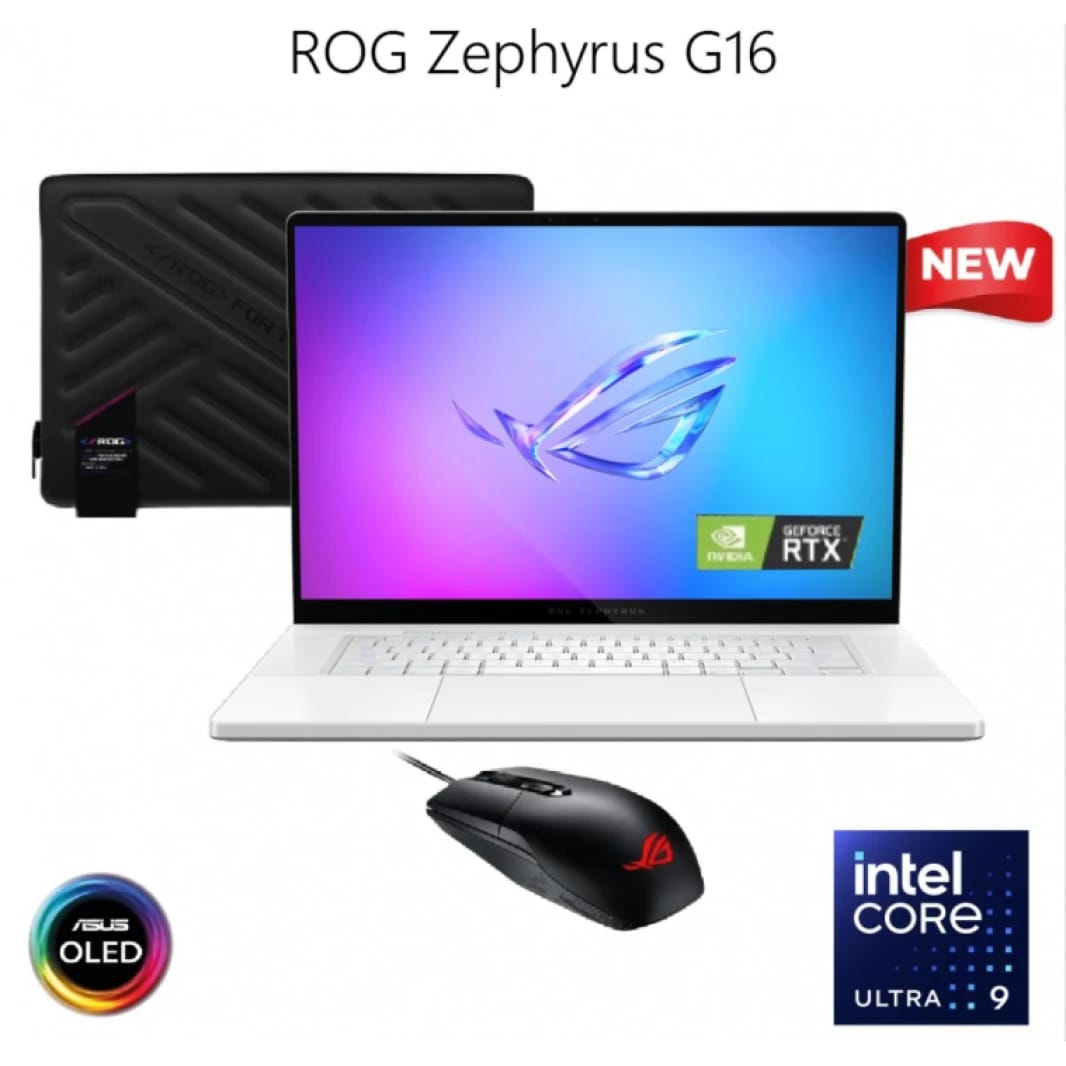 ASUS ROG Zephyrus G16 (2025) 16" 2.5K 240Hz OLED, Intel Core Ultra 9 2nd Gen Processor 285H, Nvidia RTX 5090 24GB GDDR7, 64GB LPDDR5X RAM, 1TB M.2 PCIe 4.0 NVMe with ROG Zephyrus Sleeve & ROG Impact Gaming Mouse - Platinum White Laptop