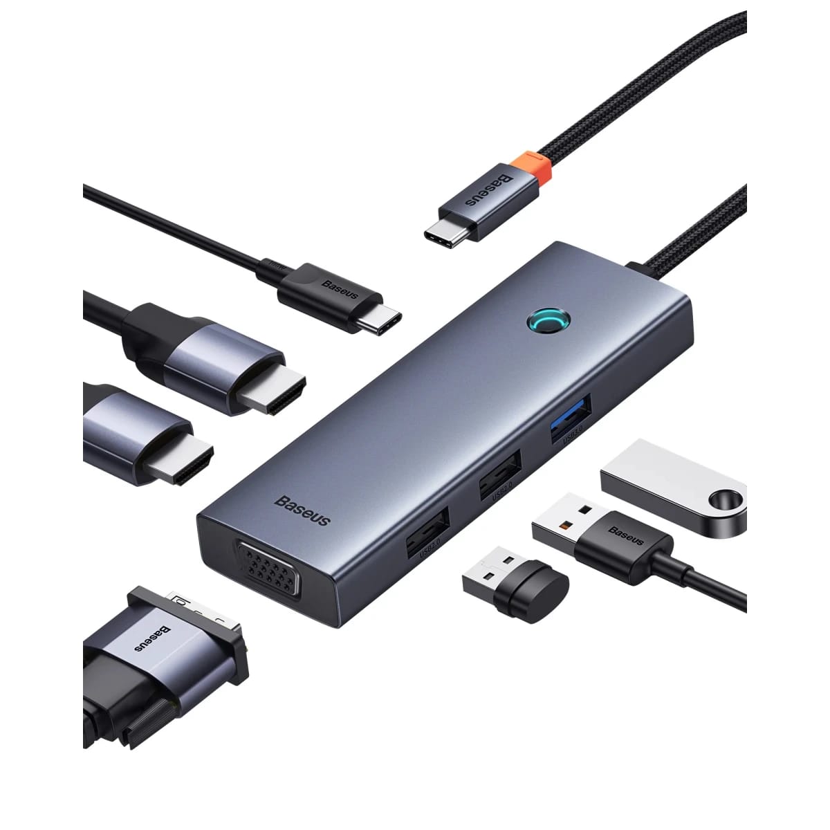 Baseus PortalJoy Series 7-Port Triple-Display HUB Type-C to HDMI4K@60Hz*1+HDMI4K@30Hz*1+VGA*1+USB3.0*1+USB2.0*2+PD*1 - Space Grey