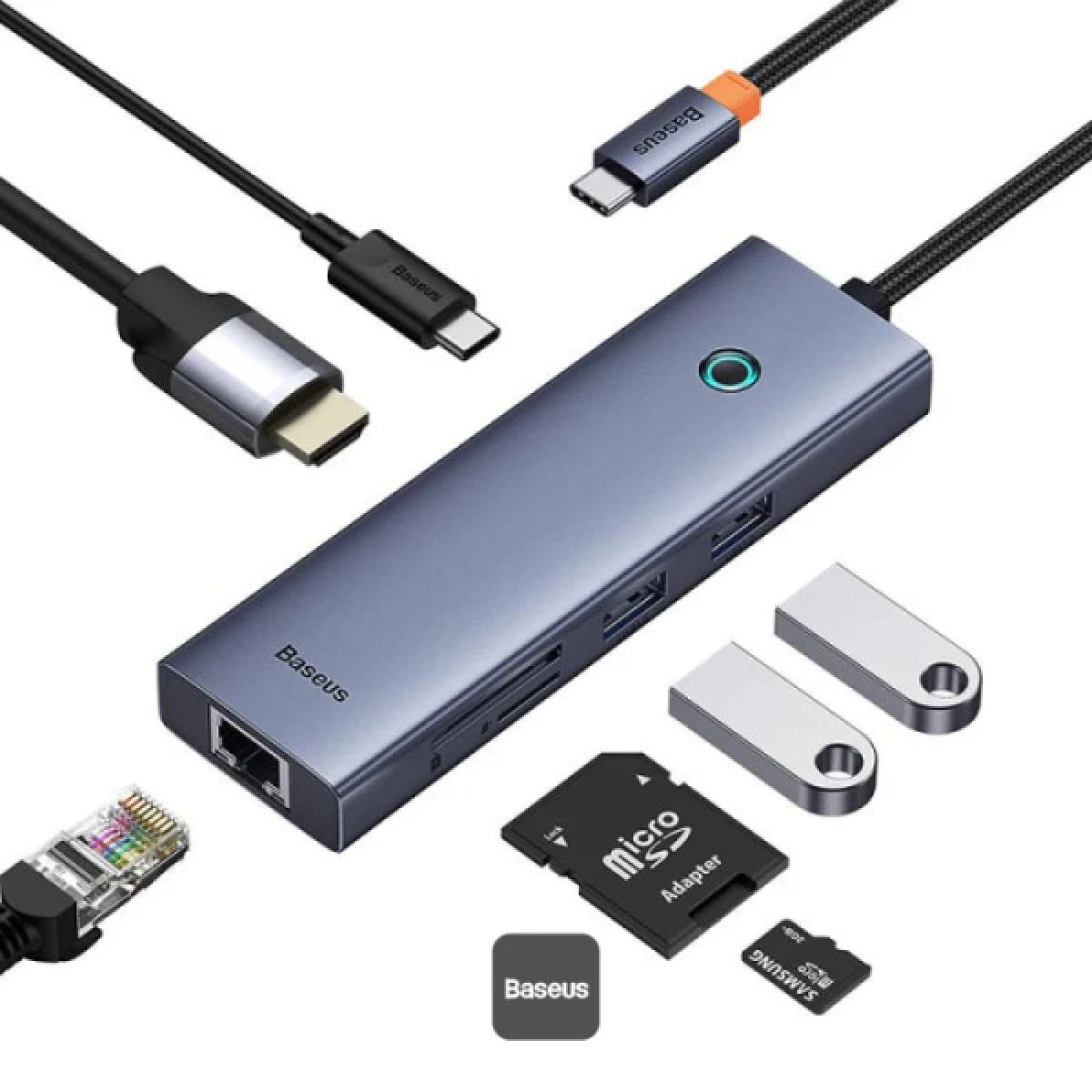 Baseus Flite Series 7-Port HUB Docking Station - 4K Fast Charging, 100W PD, 2 USB 3.0 Ports, HDMI 4K@60Hz, RJ45 1000Mbps, SD/TF Card Reader - Grey