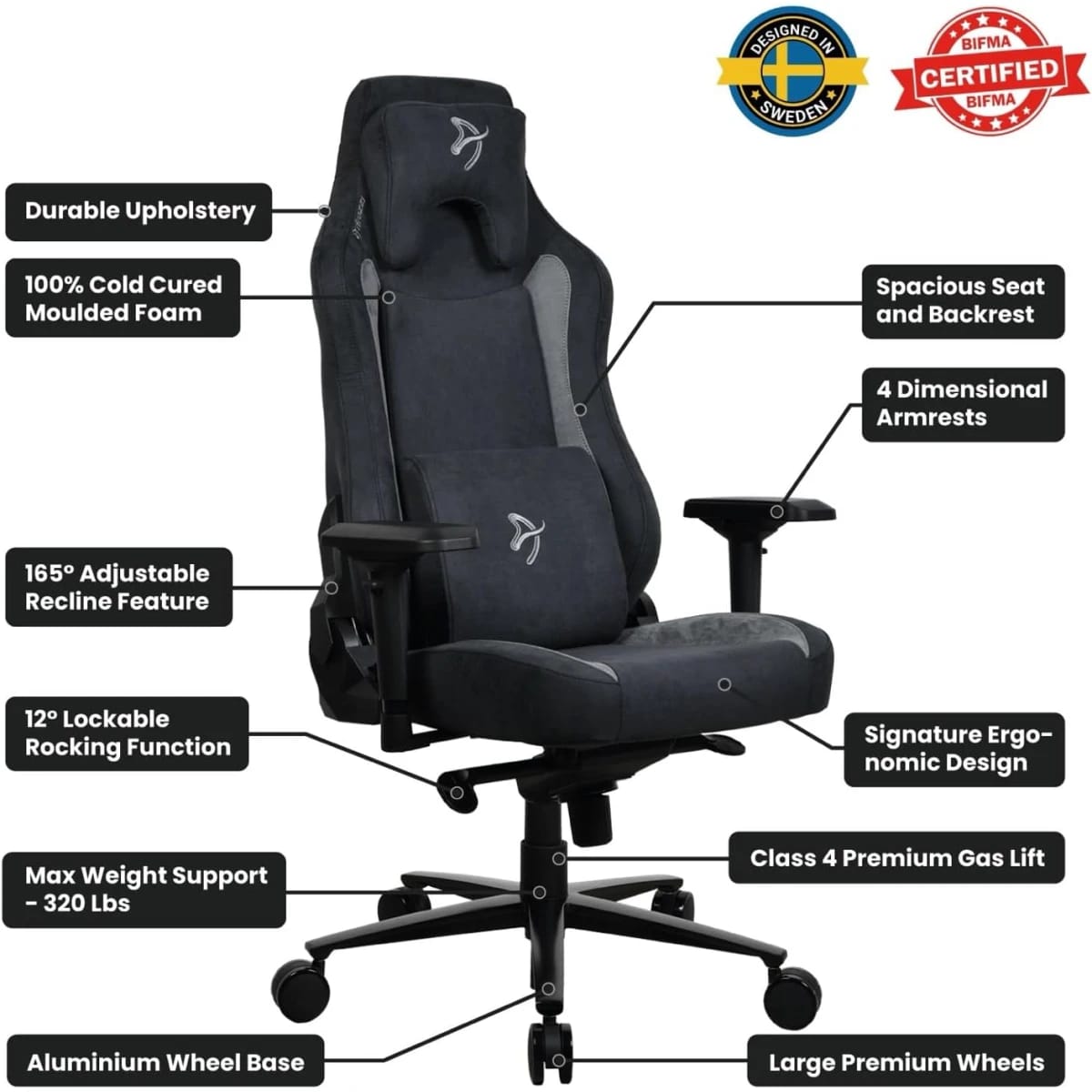 Arozzi Vernazza Supersoft Upholstery Material has a Unique Velvety Texture That is Fluid-Repellant & Breathable Memory Foam Lumbar Support 4D Armrest - Black
