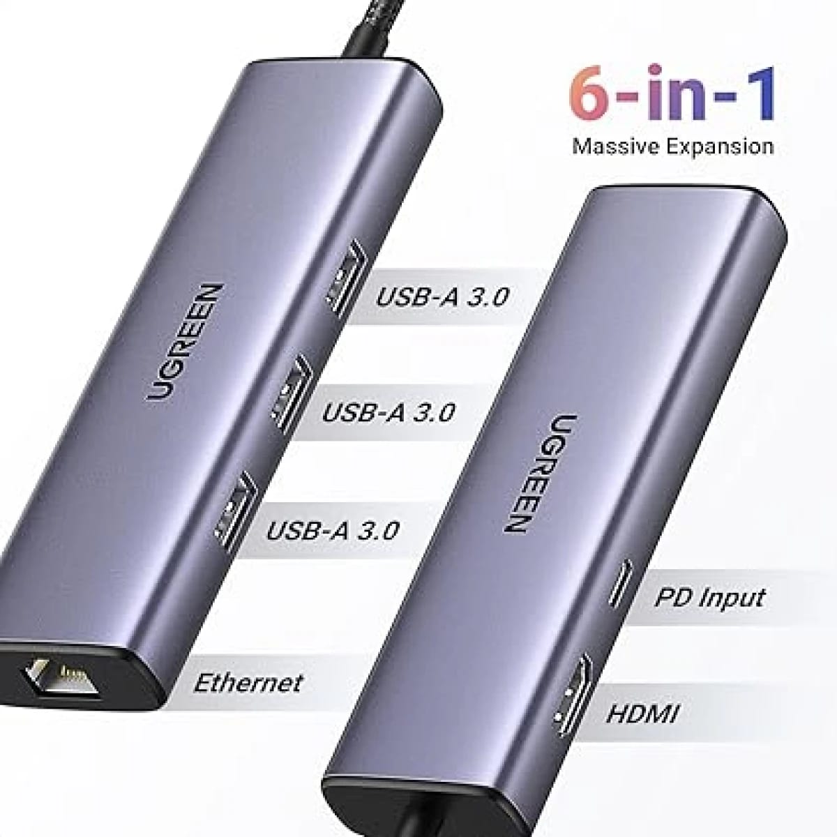 UGREEN-45000 6 IN 1 USB-C TO HDMI +2XUSB-A 3.2+1XUSB3.2 C +RJ45+PD POWER CONVERTER